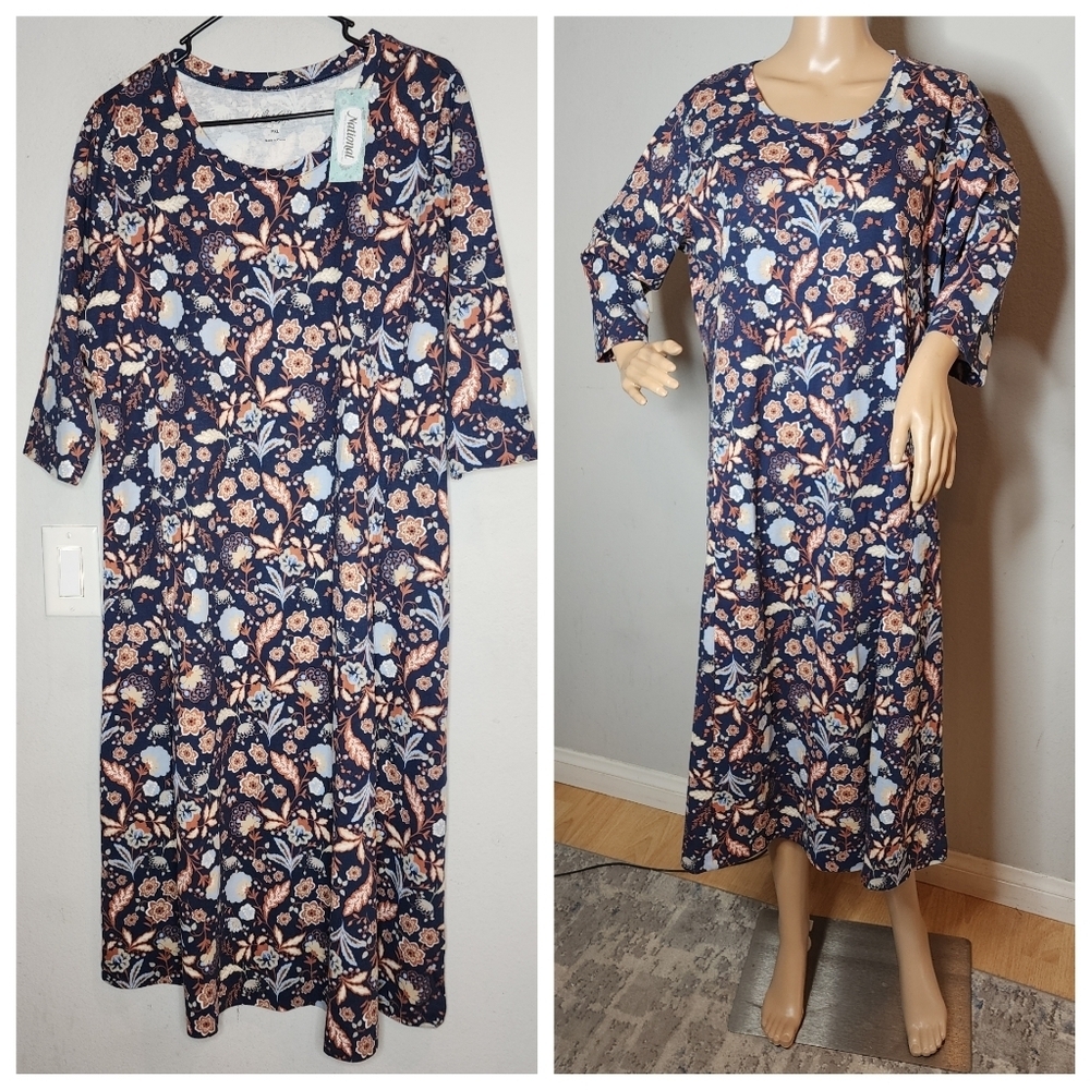 NWT Ultrasofts by National Maxi Dress Size Petite XL Brown Blue Floral Pockets